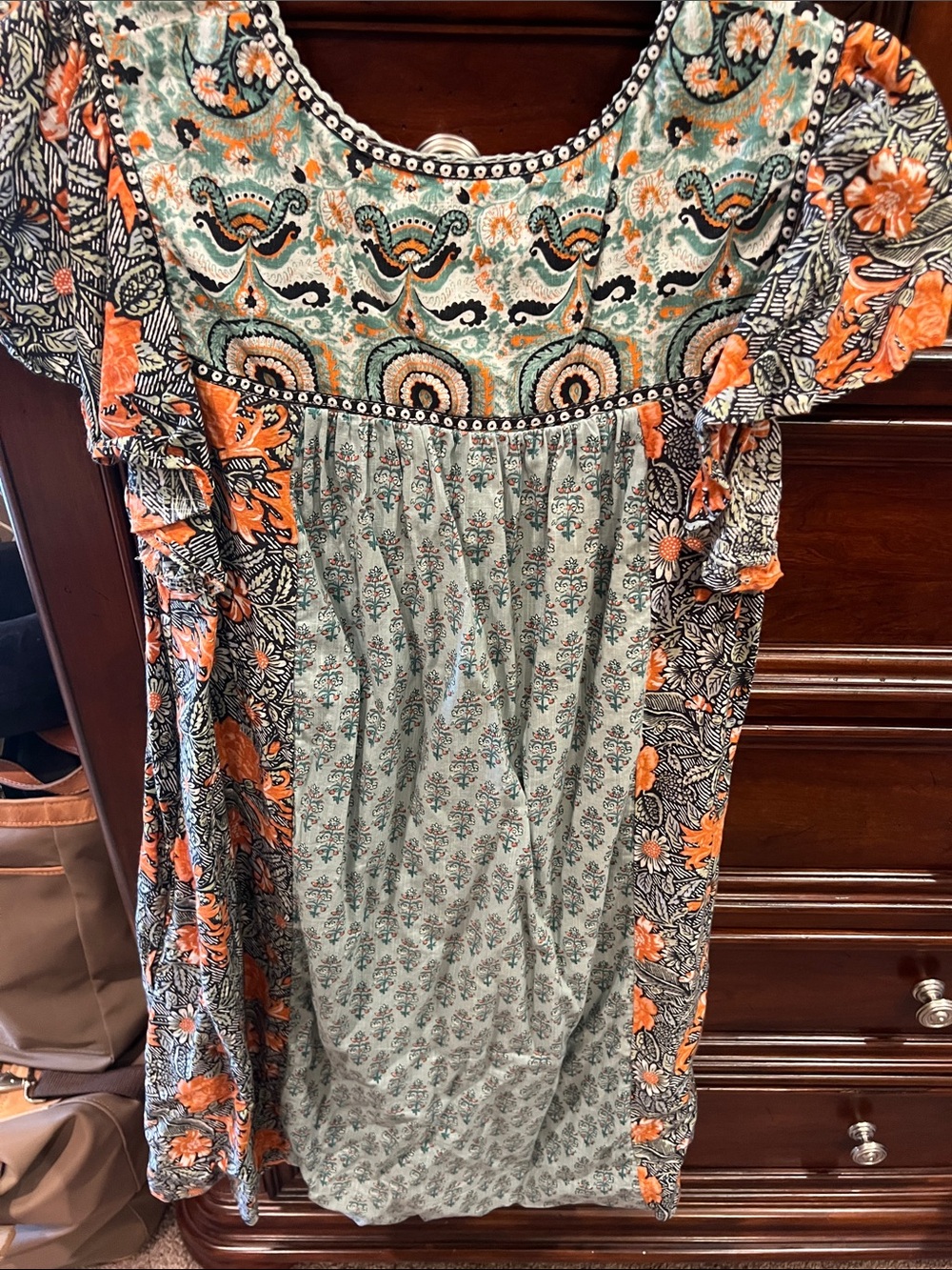Anthropologie Mixed Floral Boho Tunic Dress in Orange & Sage - Picture 5 of 5